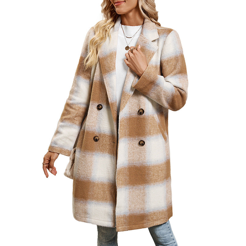 Vintage style mid length double breasted suit collar with brushed plaid pattern jacket